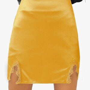 LYANER Women's Satin Silky Lace Trim Split Slit Hem Zipper High Wasit Mini Short